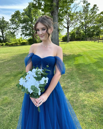 Off the Shoulder Tulle Royal Blue Prom Dress Floor Length Maxi Dress