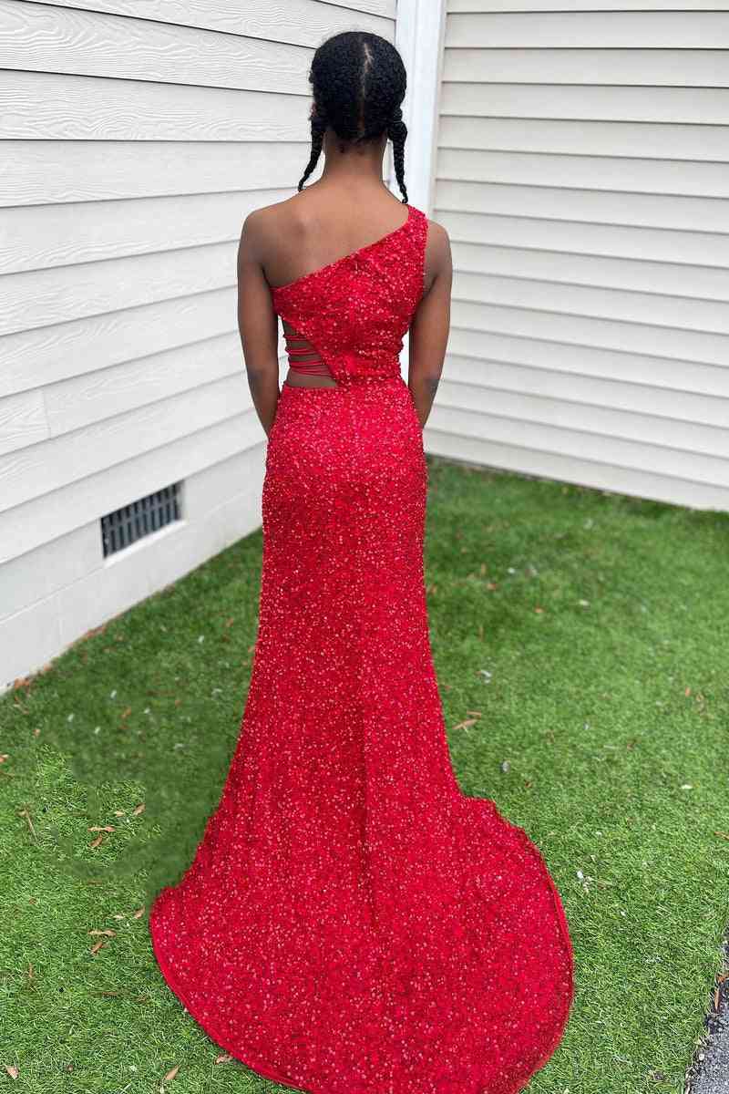 One Shoulder Formal Dress Sequin Prom Dress Mermaid with Slit