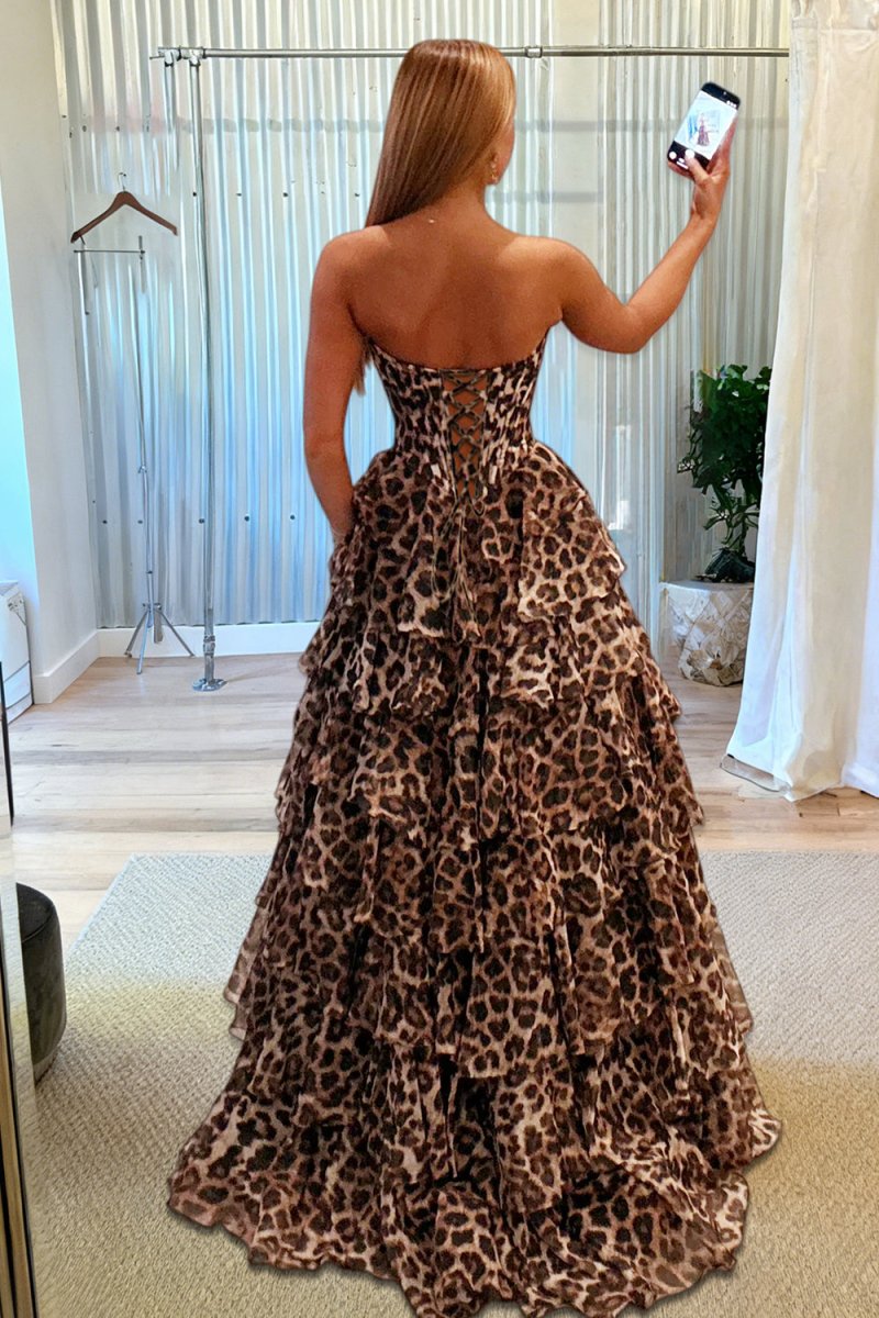 Orlisse | Leopard - Strapless A Line Chiffon Ruffled Long Prom Dresses With Appliques