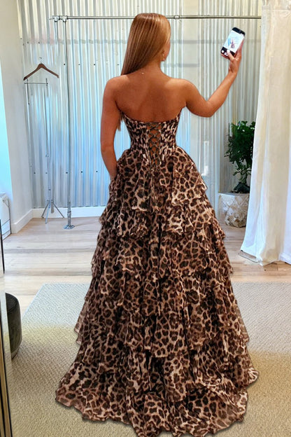 Orlisse | Leopard - Strapless A Line Chiffon Ruffled Long Prom Dresses With Appliques