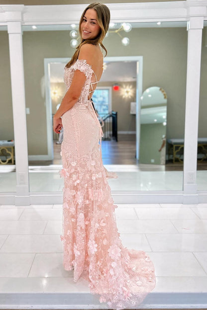 Charming Mermaid Off The Shoulder Floral Lace Long Prom Dress