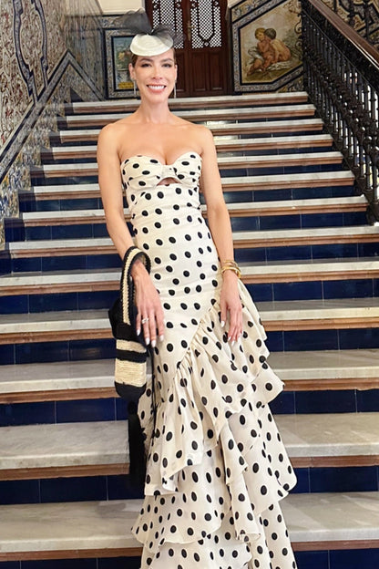 Sweetheart White Polka Dots Cutout Fitted Tiered Prom Dress