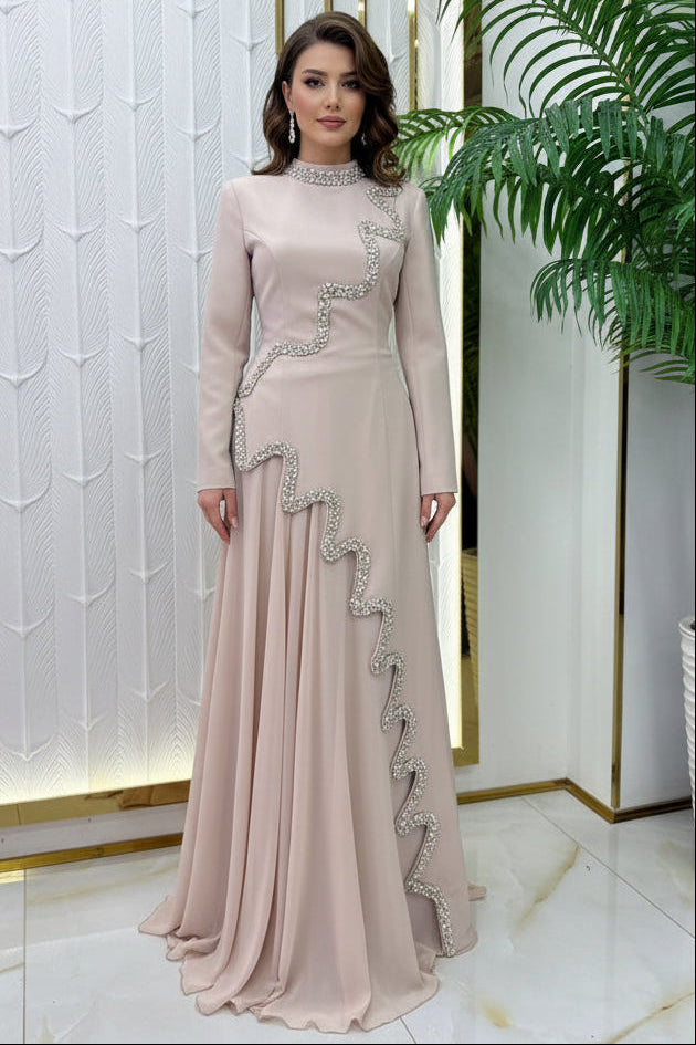 Dusty Rose Beaded Cascade Evening Gown