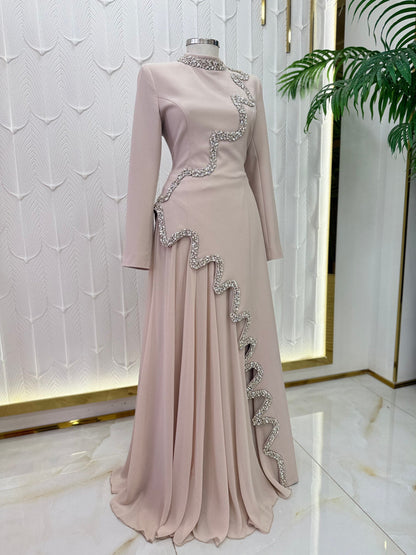 Dusty Rose Beaded Cascade Evening Gown