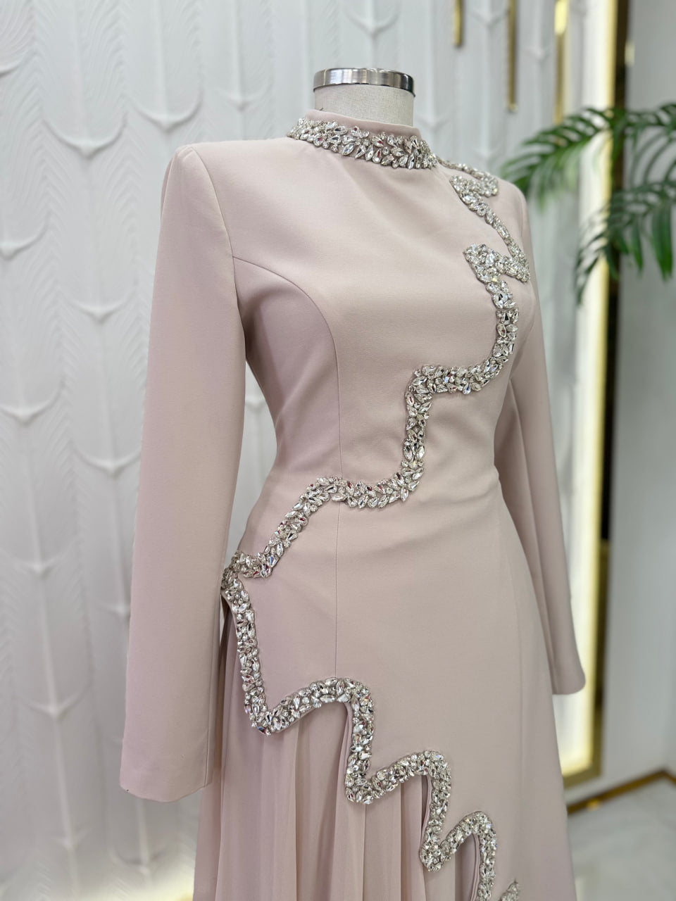 Dusty Rose Beaded Cascade Evening Gown