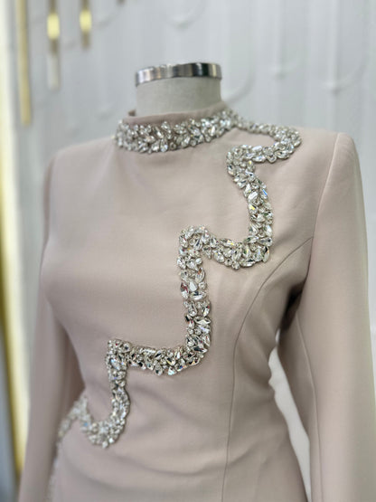 Dusty Rose Beaded Cascade Evening Gown