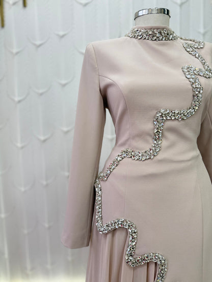 Dusty Rose Beaded Cascade Evening Gown