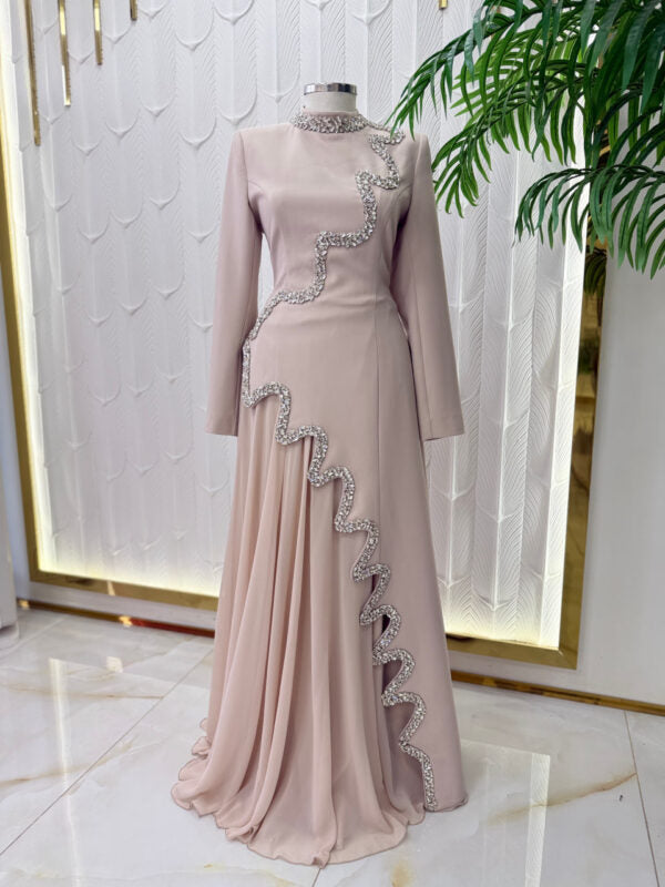 Dusty Rose Beaded Cascade Evening Gown