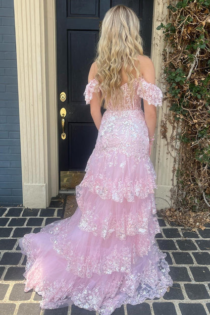 Pink Glitter Prom Dress Ruffle Tiered Appliques with Flutter Sleeves