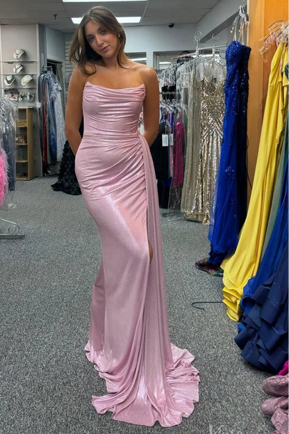 Pink Strapless Satin Mermaid Prom Dress with High Slit