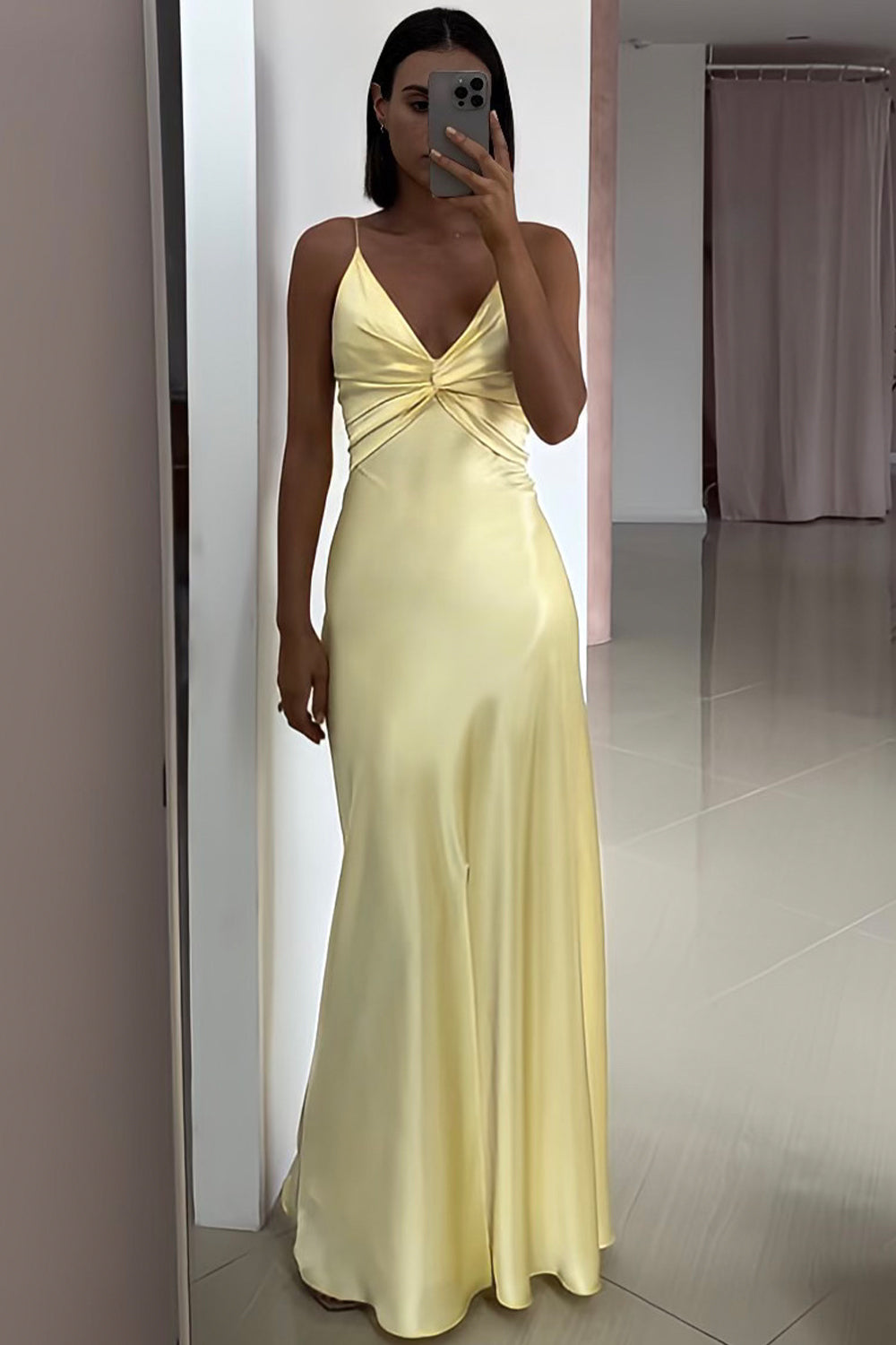 Chic A Line Spaghetti Straps Yellow Long Party Dress with Split Front