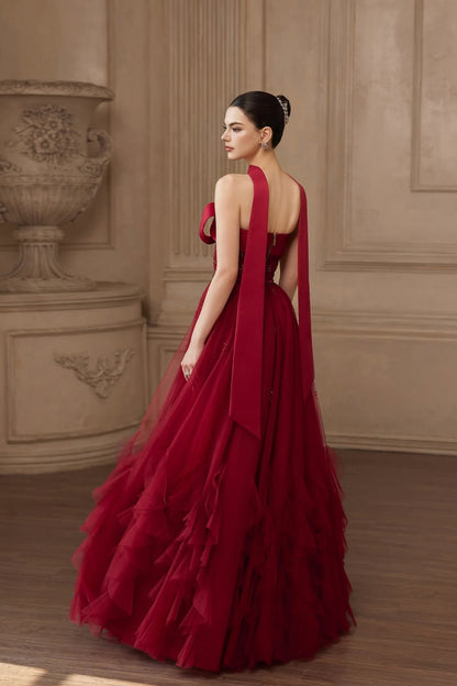 Popular Burgundy Strapless Tulle A-Line Prom Dress