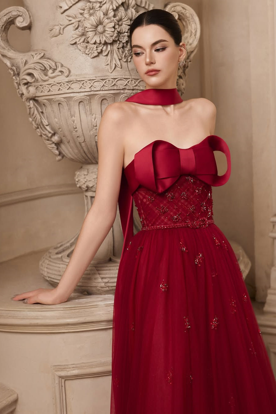 Popular Burgundy Strapless Tulle A-Line Prom Dress