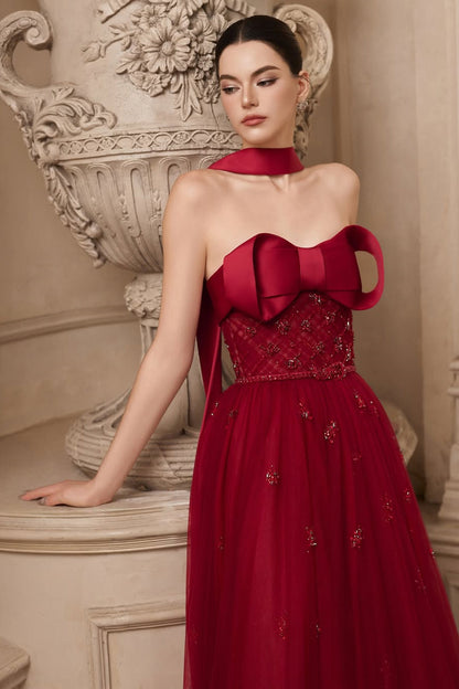 Popular Burgundy Strapless Tulle A-Line Prom Dress