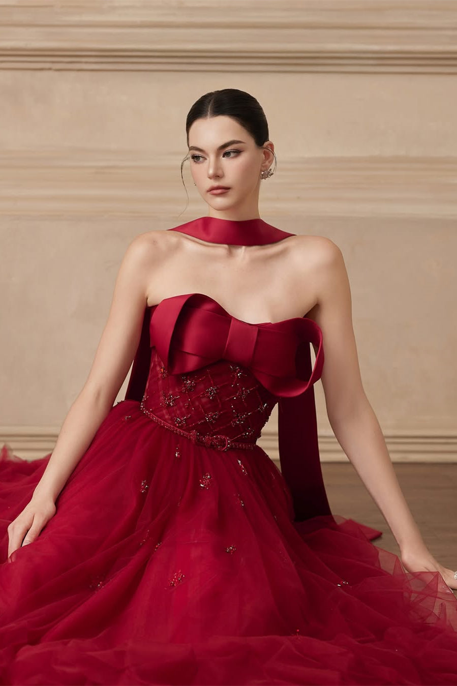 Popular Burgundy Strapless Tulle A-Line Prom Dress