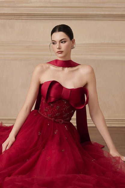 Popular Burgundy Strapless Tulle A-Line Prom Dress