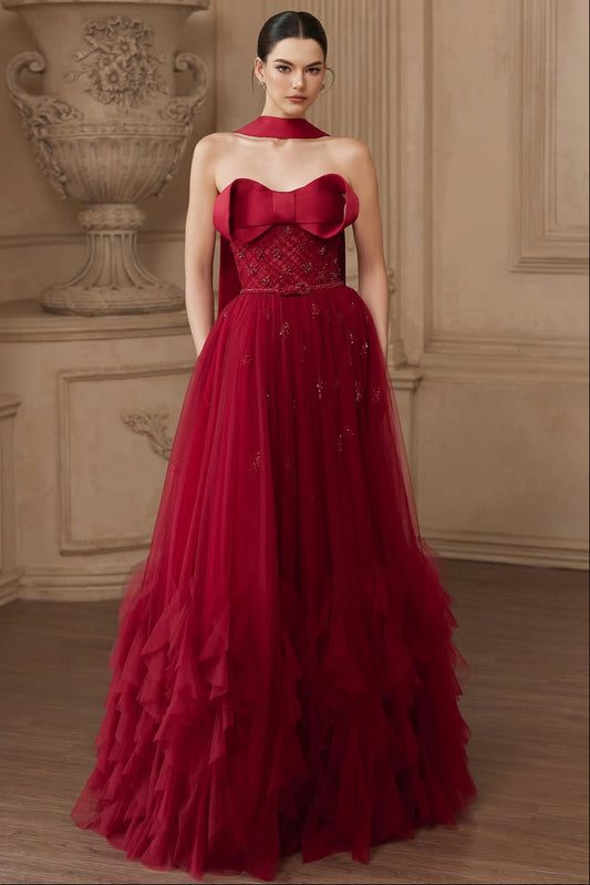 Popular Burgundy Strapless Tulle A-Line Prom Dress