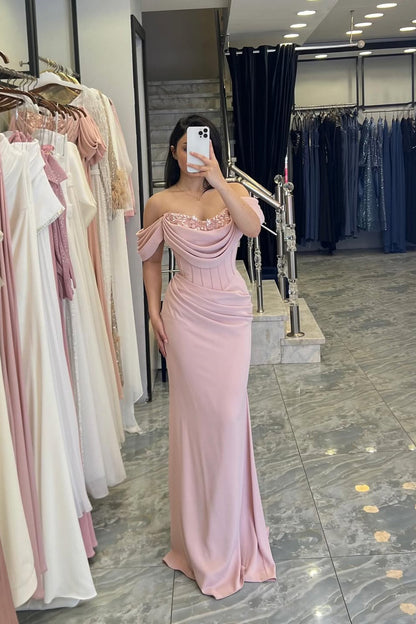 Pretty Pink Mermaid Off-The-Shoulder Satin Prom Dress