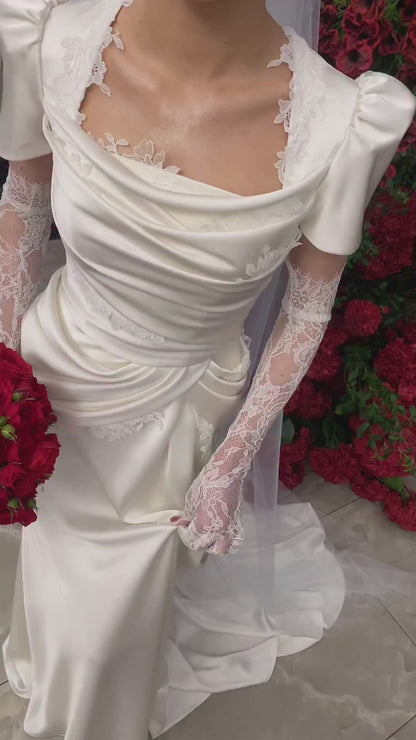 Draped Satin Wedding Dress with Lace Trims