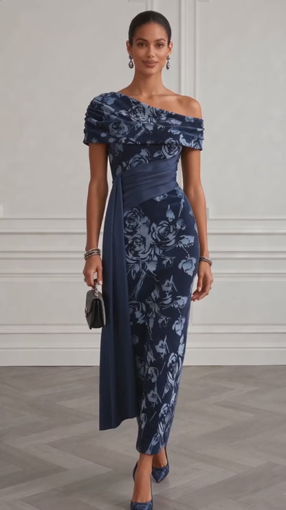 Floral Velvet One-Shoulder Evening Gown
