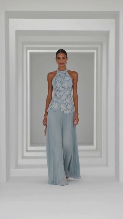 Floral Applique Pleated Halter Gown