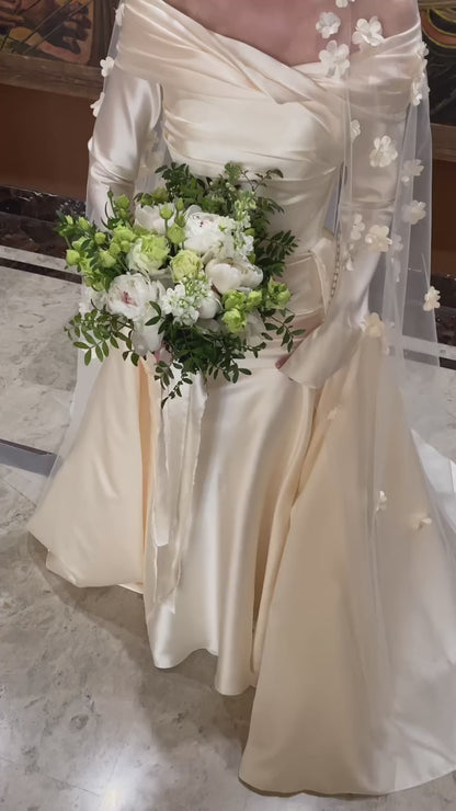 Off-the-Shoulder Long Sleeve Pleated Satin Bridal Gown