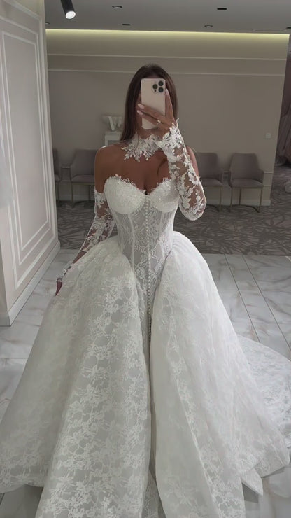 Lace Corset Ball Gown Wedding Dress with Long Sleeves