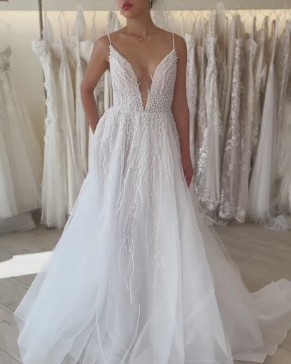 Pearl-Beaded A-Line Wedding Dress with High Slit