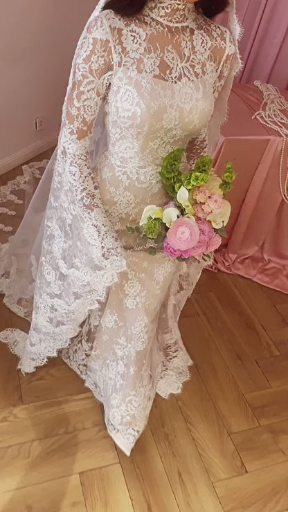 High Neck Lace Wedding Dress with Bell Sleeves