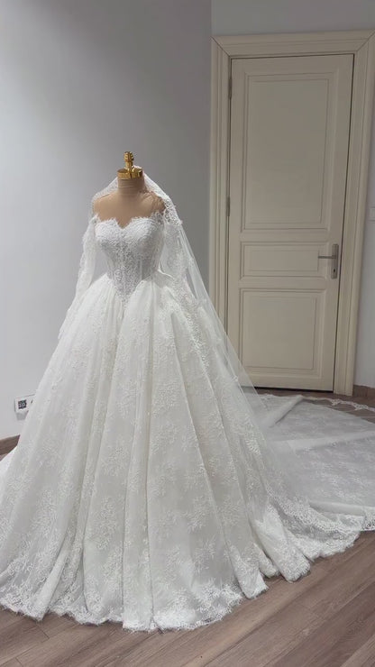 Off-the-Shoulder Lace Ball Gown Wedding Dress