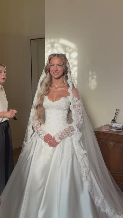 Lace Applique Long Sleeve Satin Ball Gown Wedding Dress