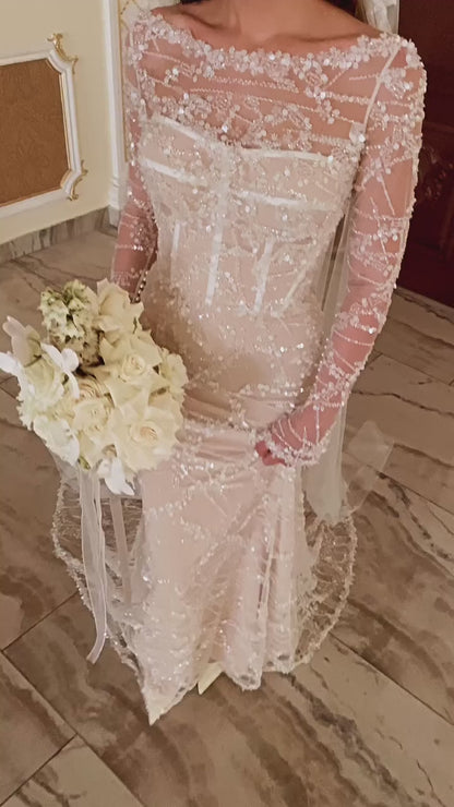 Sequined Corset Long Sleeve Wedding Dress