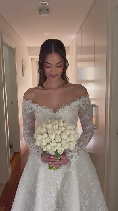 Off-the-Shoulder Lace Long Sleeve Wedding Dress