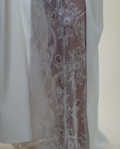 Off-the-Shoulder Lace Sleeve Satin Gown with High Slit
