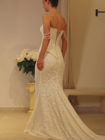 Lace Mermaid Corset Wedding Dress with Pearl Straps