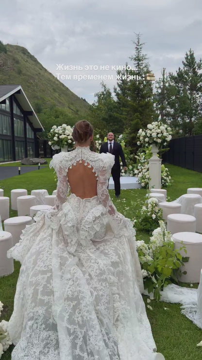Long Sleeve Lace Bridal Gown with Dramatic Veil