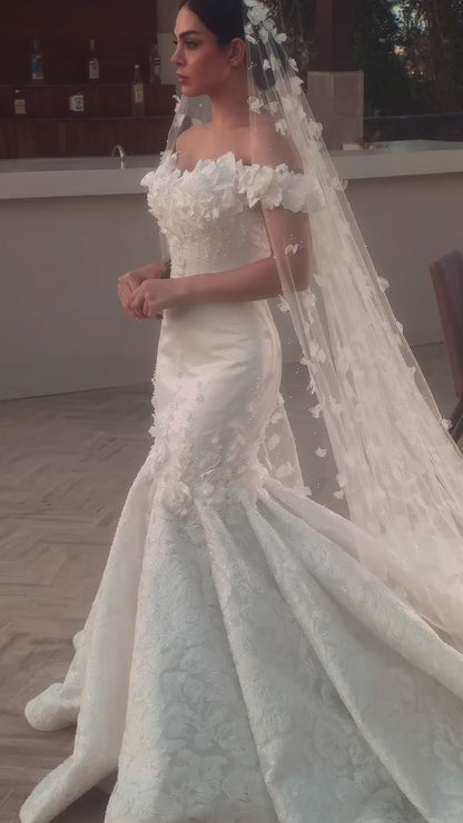 Off-the-Shoulder 3D Floral Mermaid Wedding Dress