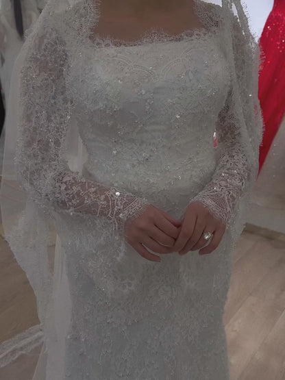 Square Neck Bell Sleeve Lace Trumpet Wedding Dress