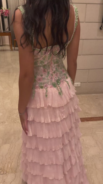Embroidered Beaded Tiered Pleated Gown