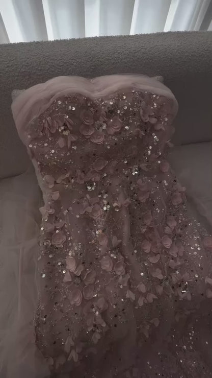 Floral Applique Strapless Evening Gown