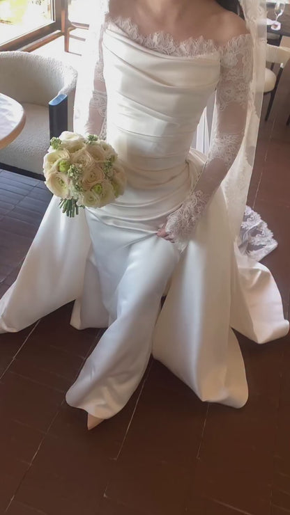 Off-Shoulder Ruched Satin Lace Long Sleeve Wedding Dress