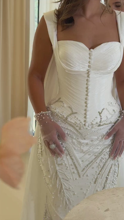 Pearl-Embellished Ruched Corset Mermaid Wedding Gown