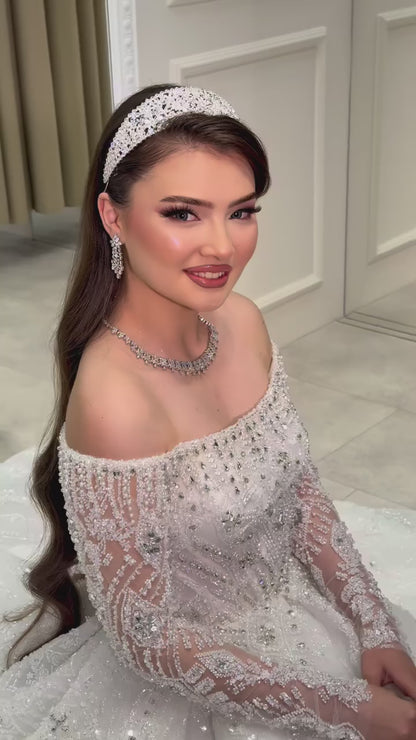Off-the-Shoulder Beaded Long-Sleeve Ball Gown