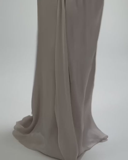 Elegant High-Neck Draped Evening Gown with Balloon Sleeves