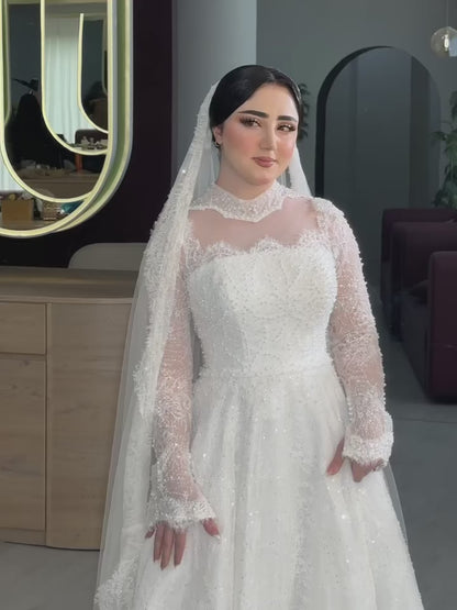 High Neck Illusion Long Sleeve Ball Gown Wedding Dress