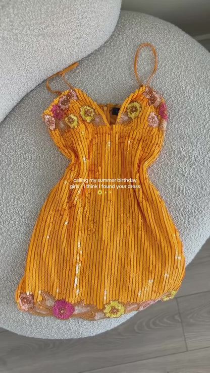 Sequin Slip Mini Dress with Floral Appliques