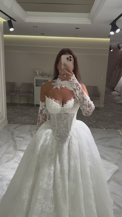 Lace Corset Ball Gown Wedding Dress with Sleeves