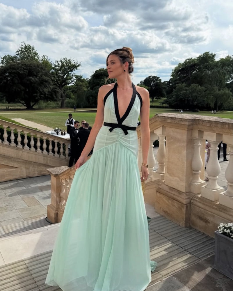 Mint Halter Chiffom Floor Length Prom Dress