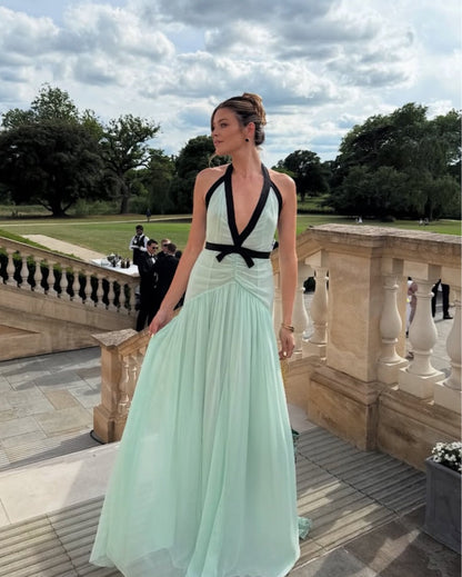 Mint Halter Chiffom Floor Length Prom Dress