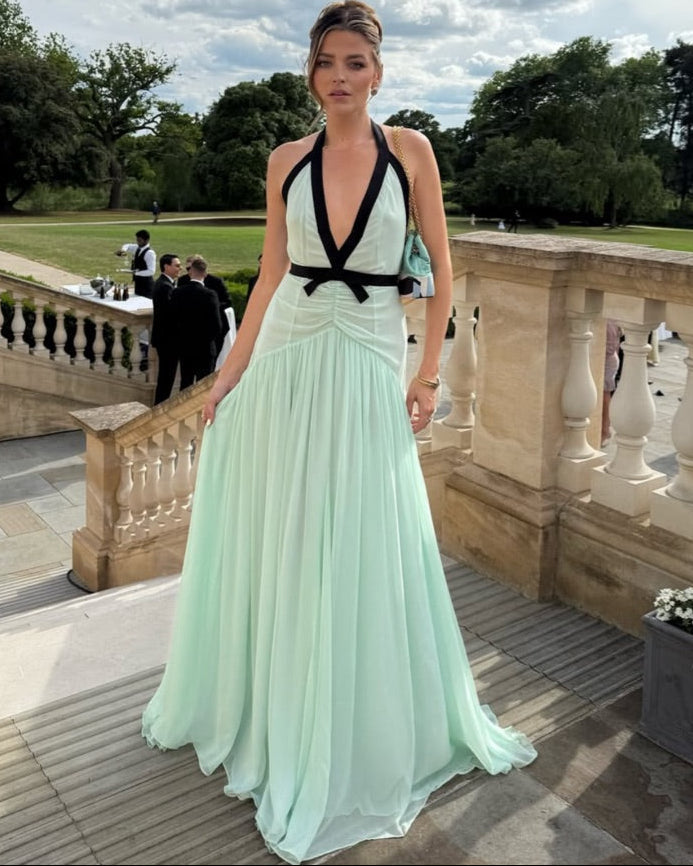 Mint Halter Chiffom Floor Length Prom Dress